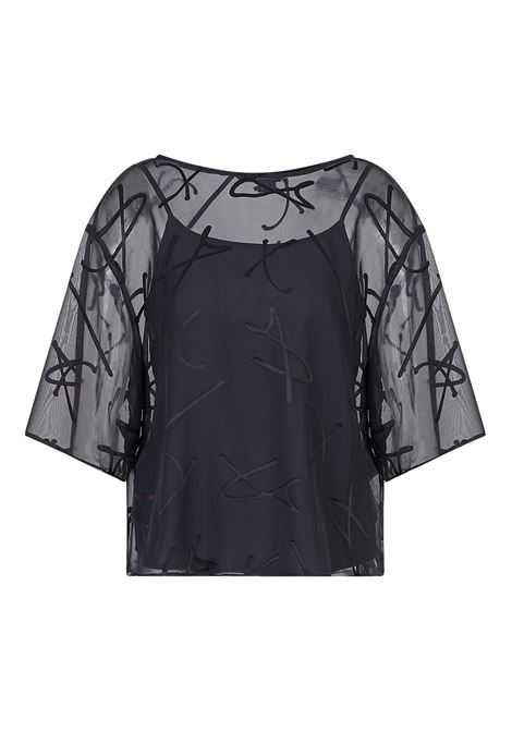 Blusa blu in organza con scritta logo all over e canotta a tinta unita con spalline sottili ARMANI EXCHANGE | Camicie | 3RYH26 YN2KZ15CO